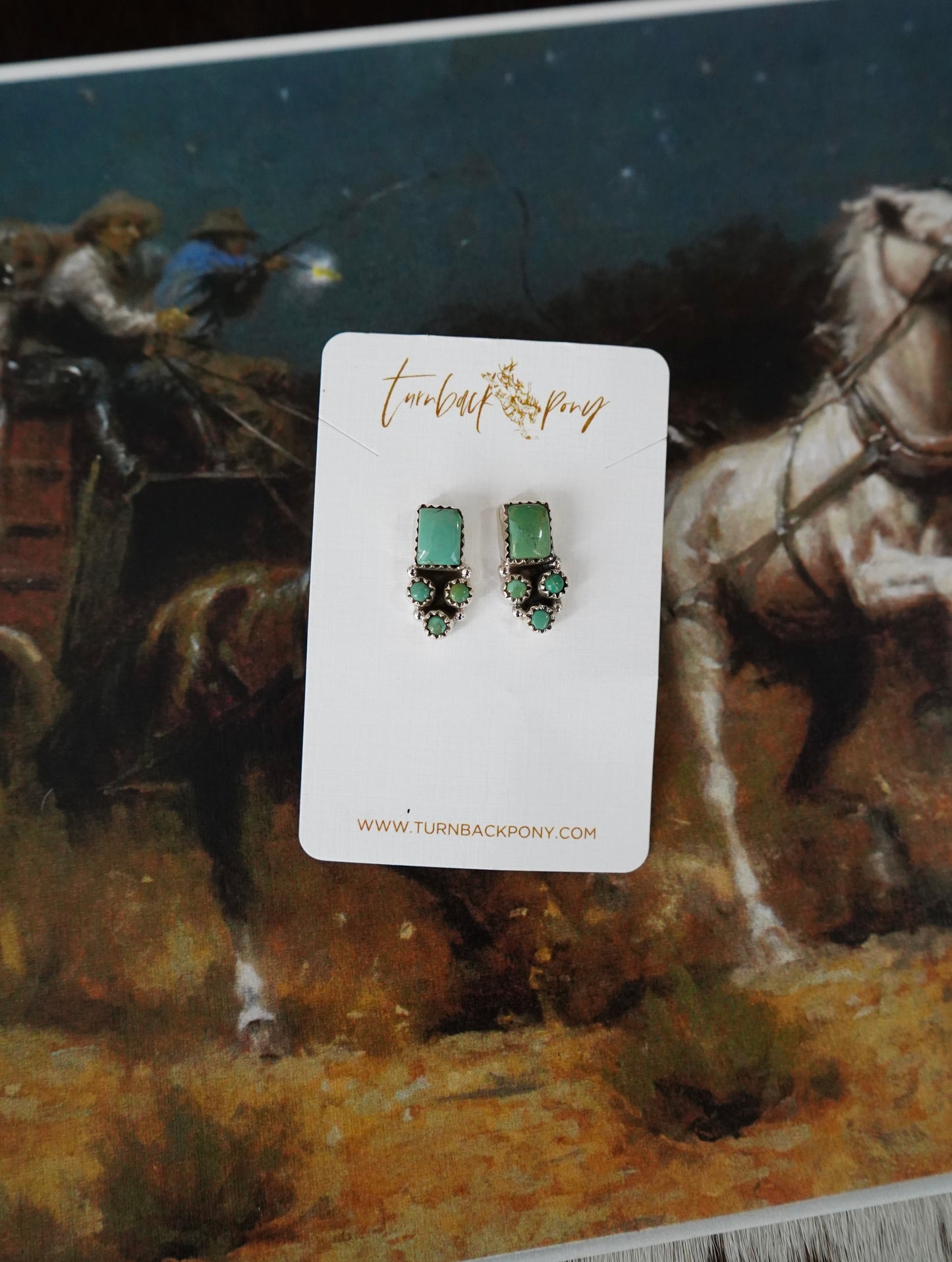 TBP Turquoise Square w/ 3 Stone Cluster Stud Earrings