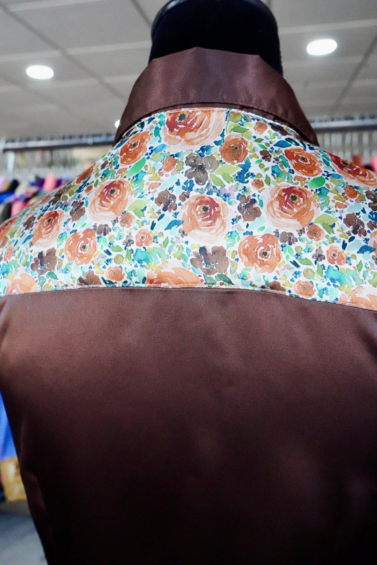 M - Watercolor Rust Roses on Brown Satin Button Down