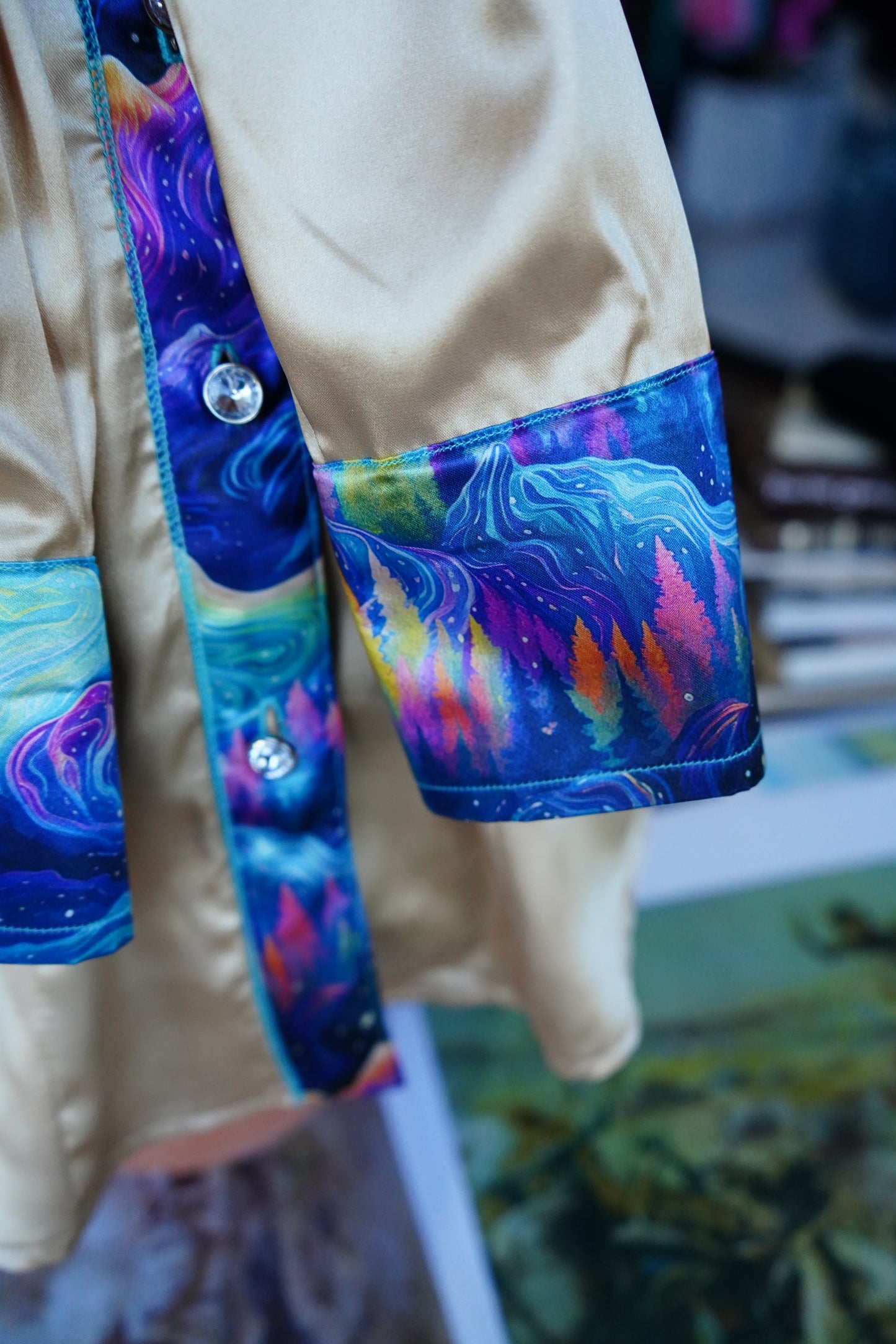 L - Mystic Mountains on Gold Satin Button Down