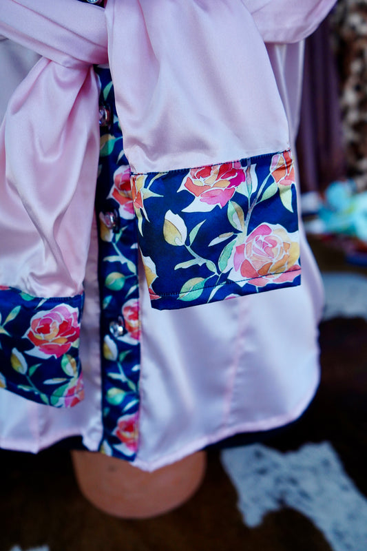 M - Glass Stained Roses on Light Pink Satin Button Down