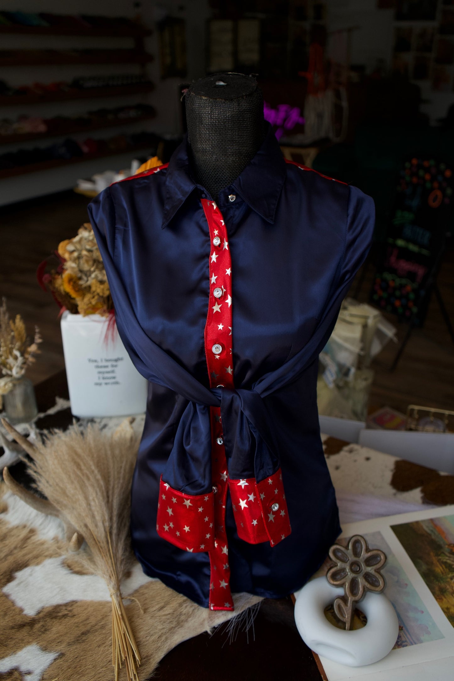 S - Shiny Stars on Navy Button Down Disco Cowgirl
