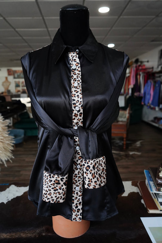L - Cheetah on Black Satin Button Down
