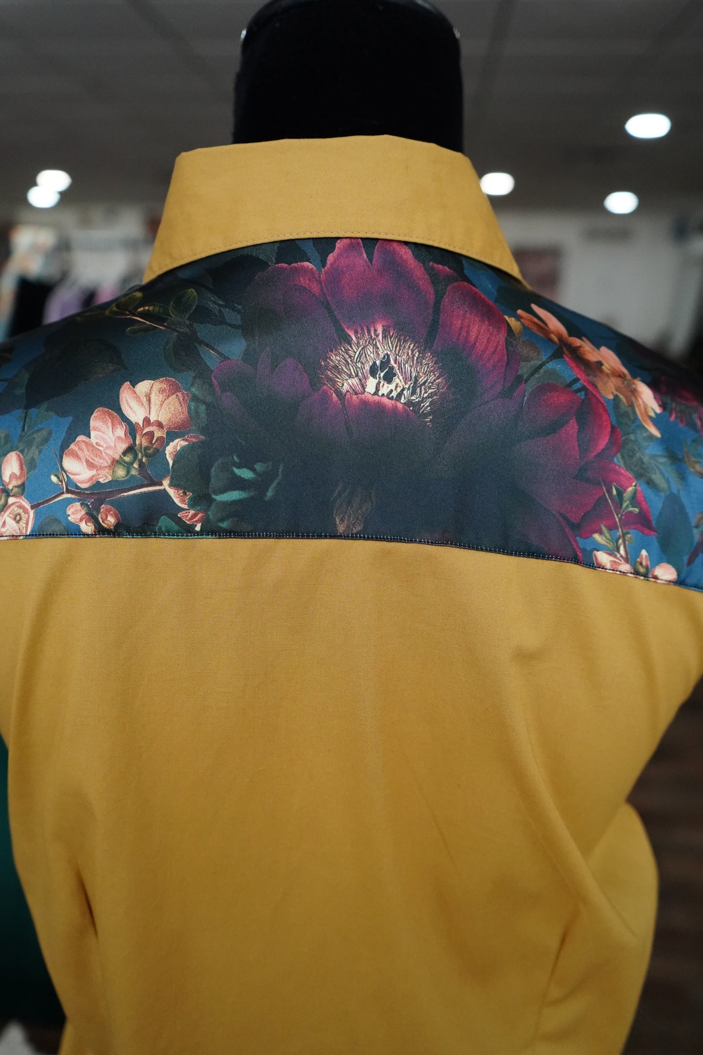 XL - Teal & Mustard Moody Floral on Mustard Cotton Button Down