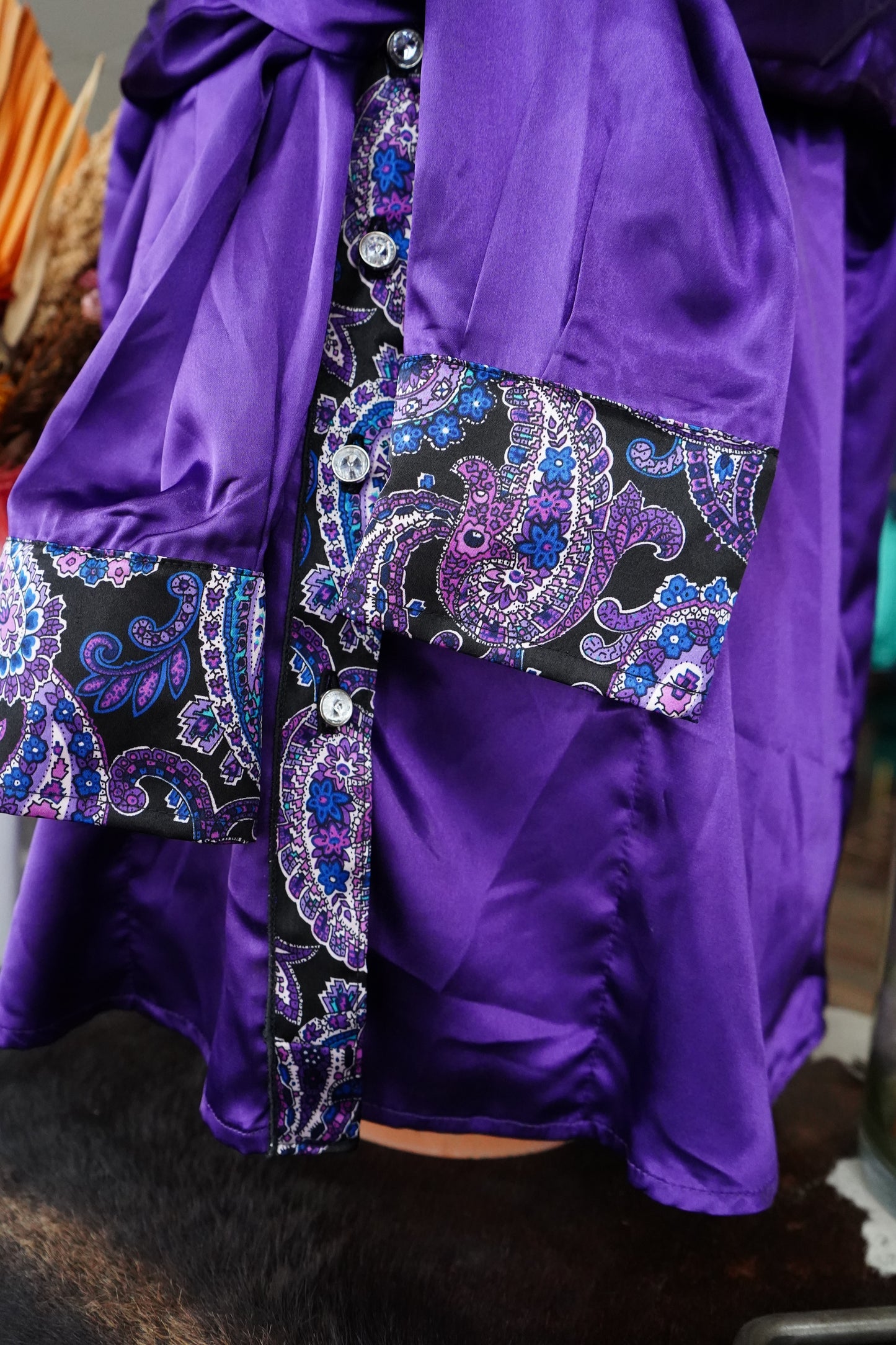 3XL - Purple Satin w/ Black & Purple Paisley Button Down