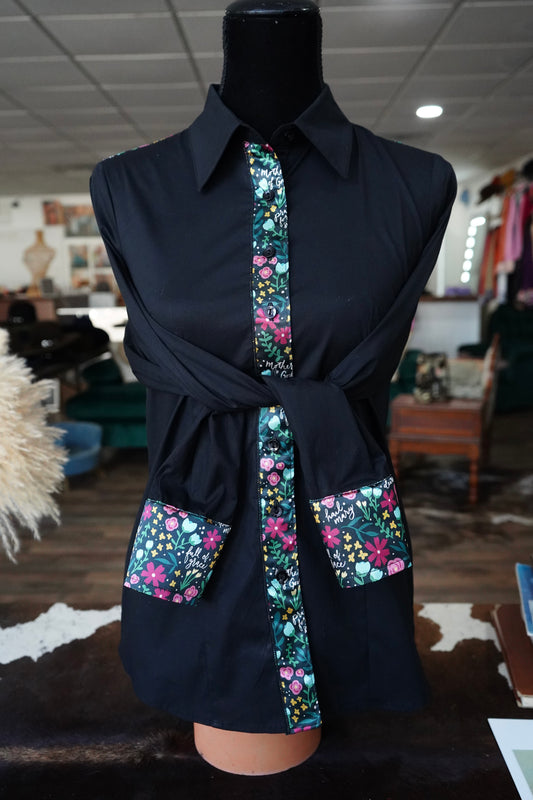 M - Black Scattered Verses on Black Cotton Button Down