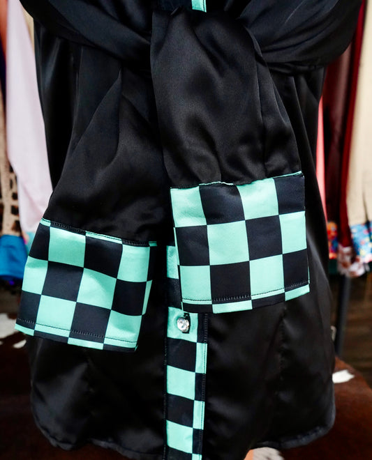 S - Mint & Black Checkered on Black Satin Button Down