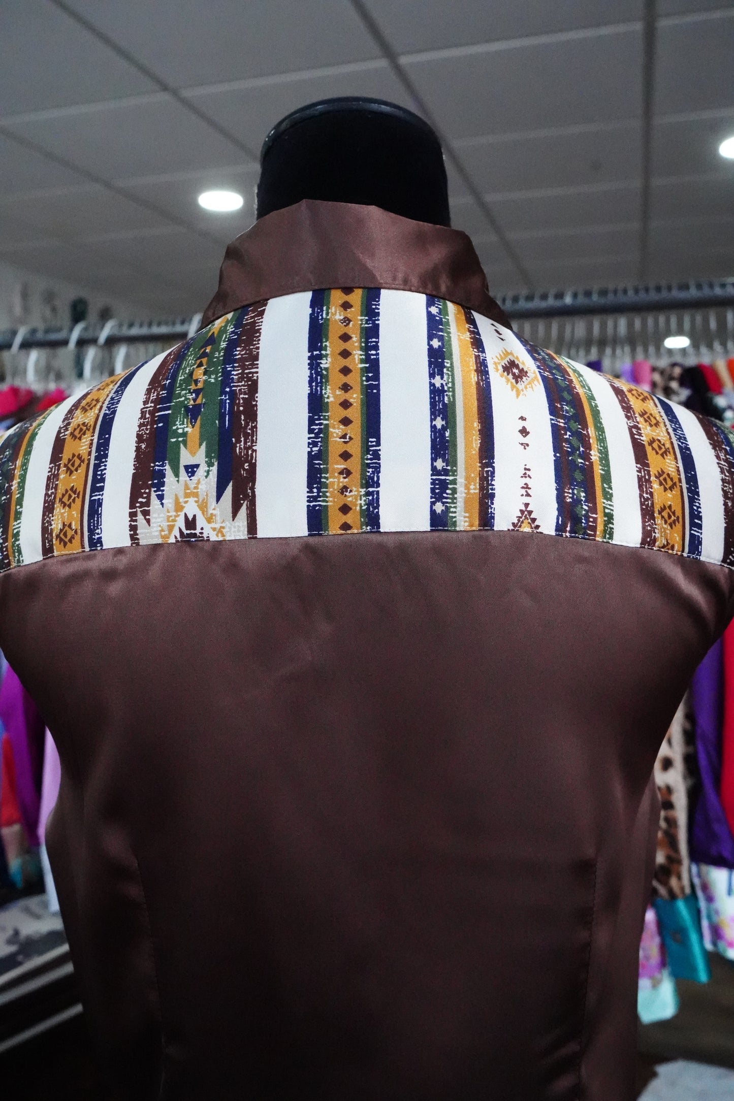 L - Withered Native Stripe on Brown Satin Button Down