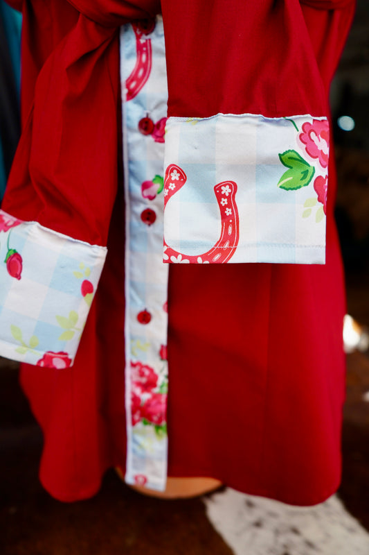 XL - Derby Bound Baby on Red Cotton Button Down