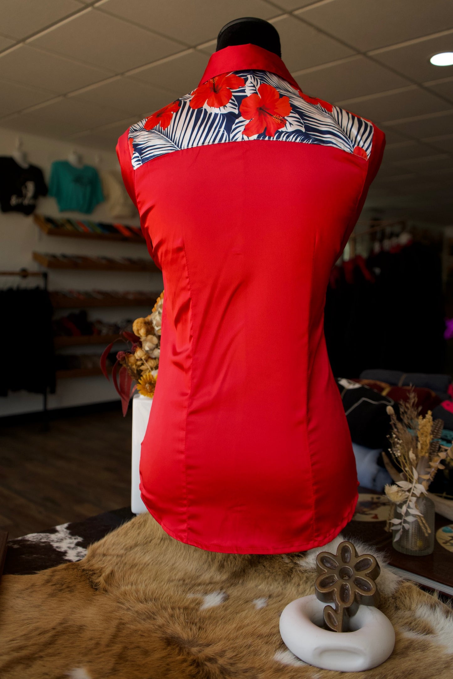 XL - Patriotic Hibiscus on Red Satin Button Down