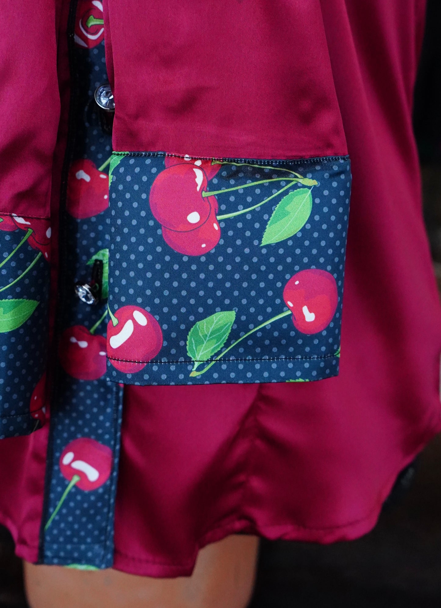 S - Polka Dot Cherry on Burgundy Satin Button Down