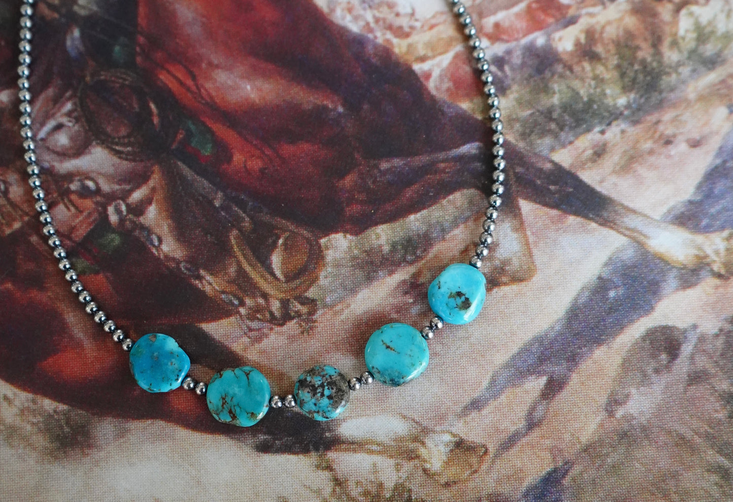 Round 5 Stone Turquoise w/ Sterling Silver Pearls Necklace