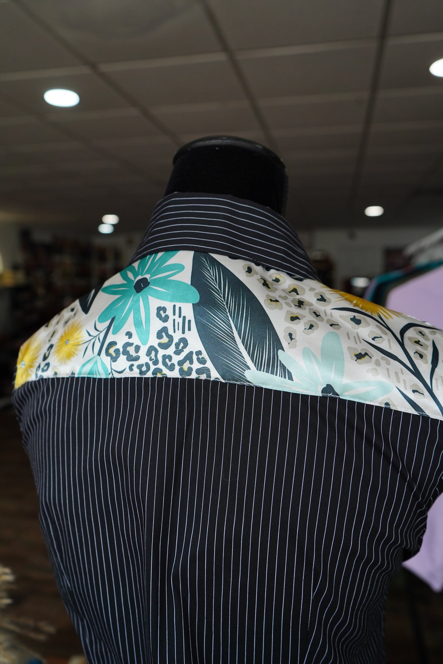 S - Turquoise Cheetah Florals on B/W Stripes Button Downs