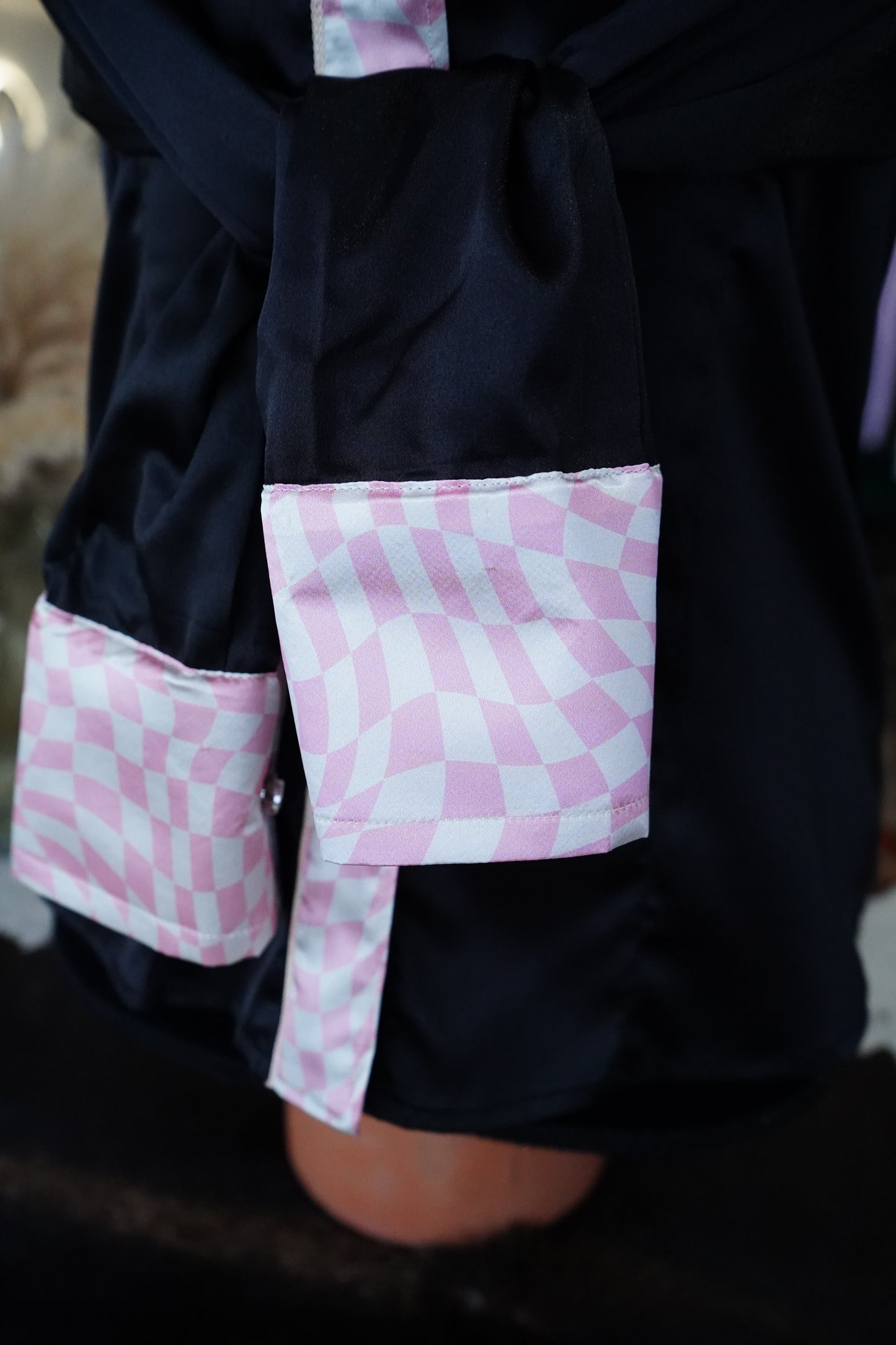 S - Pink Wavy Checkered on Black Satin Button Down