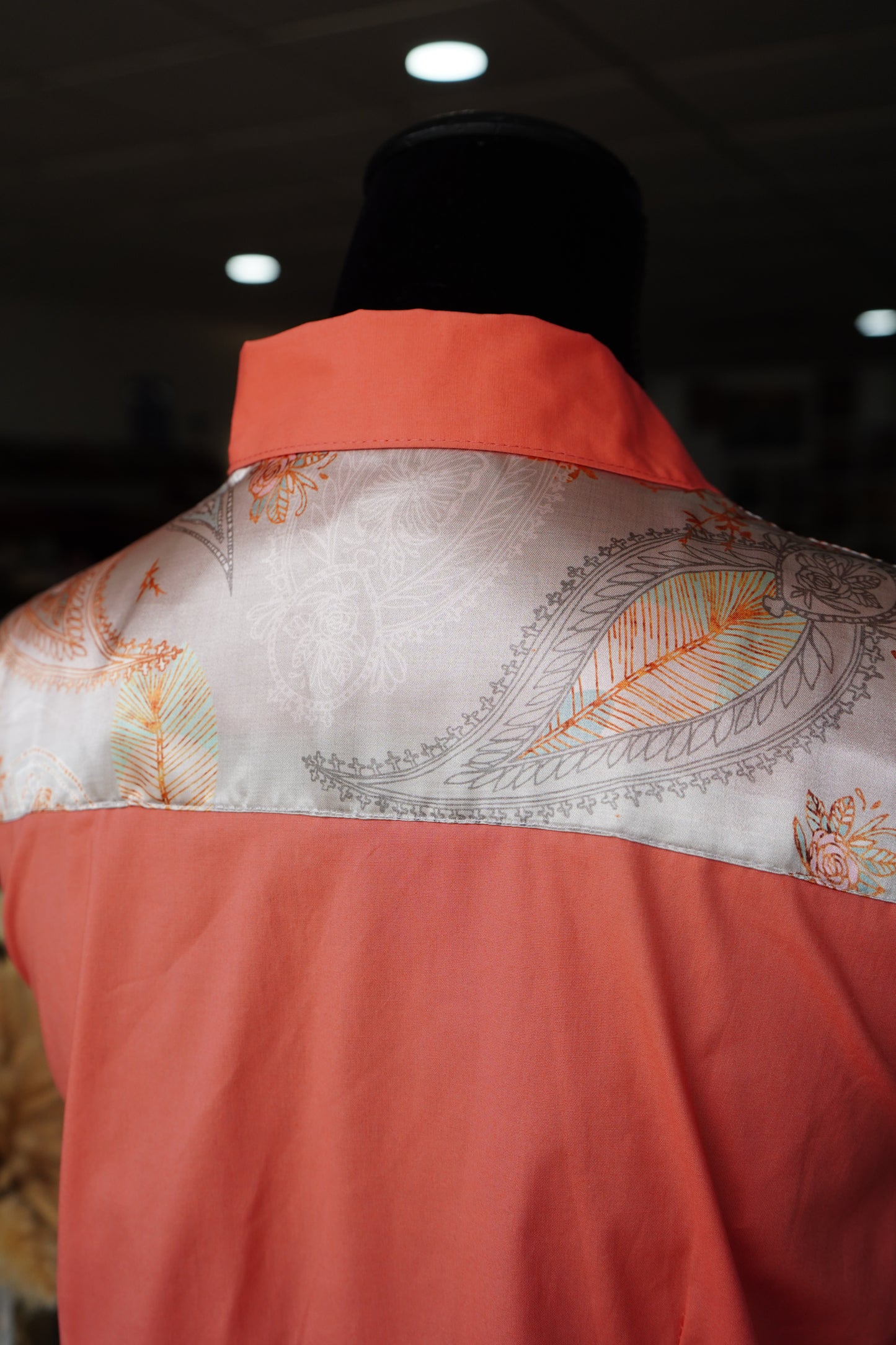 XL - Silver Boho Paisley on Coral Cotton Button Down