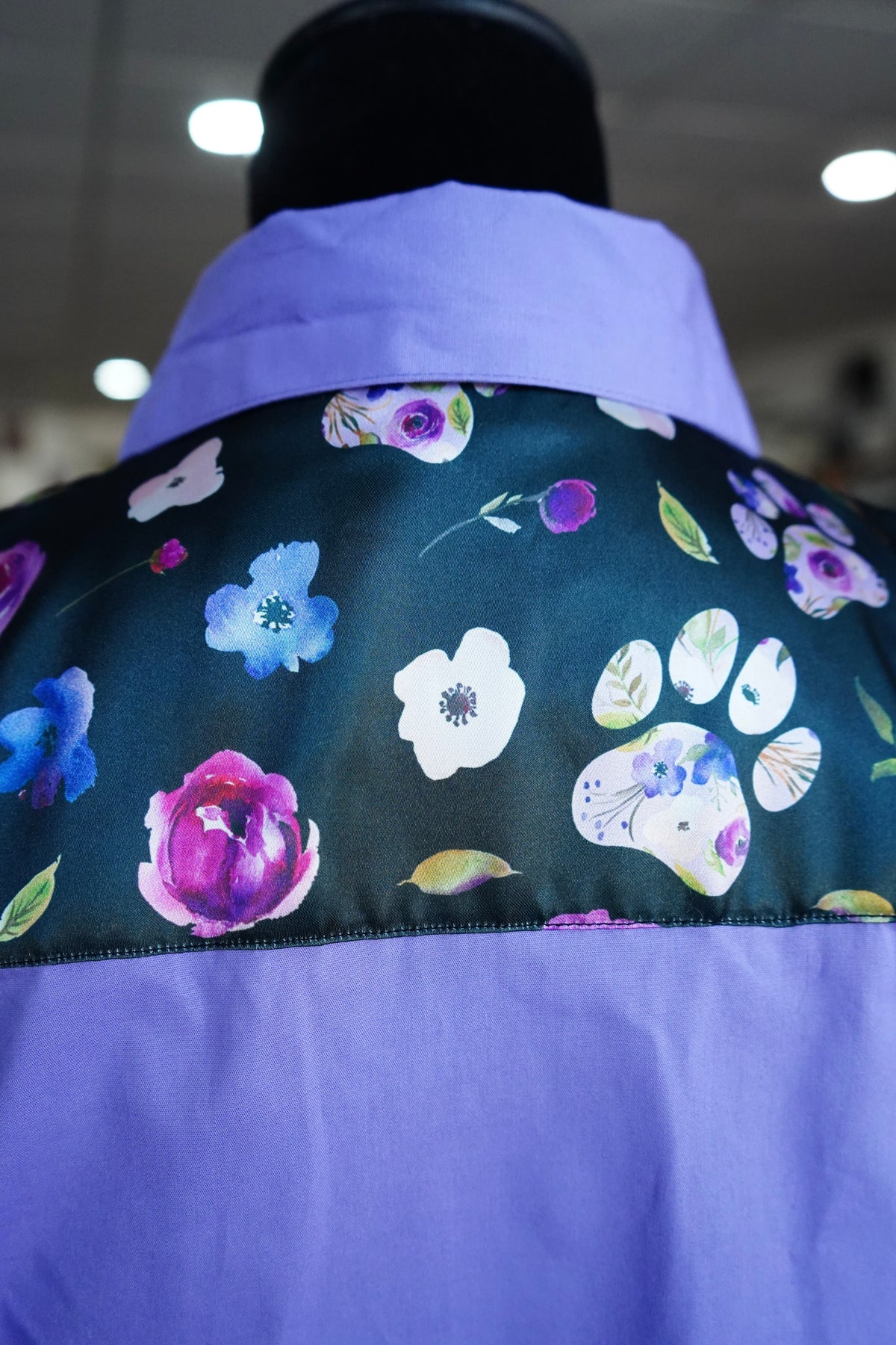 M - Floral Paw Prints on Lavender Cotton Button Down
