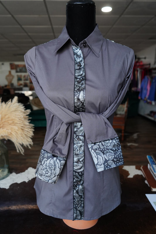 M - Gray Roses on Gray Cotton Button Down