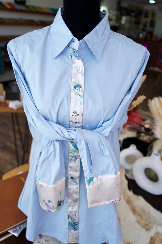 2XL - Gray Verses on Light Blue Cotton Button Down