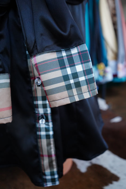 M - Gold Plaid on Black Satin Button Down