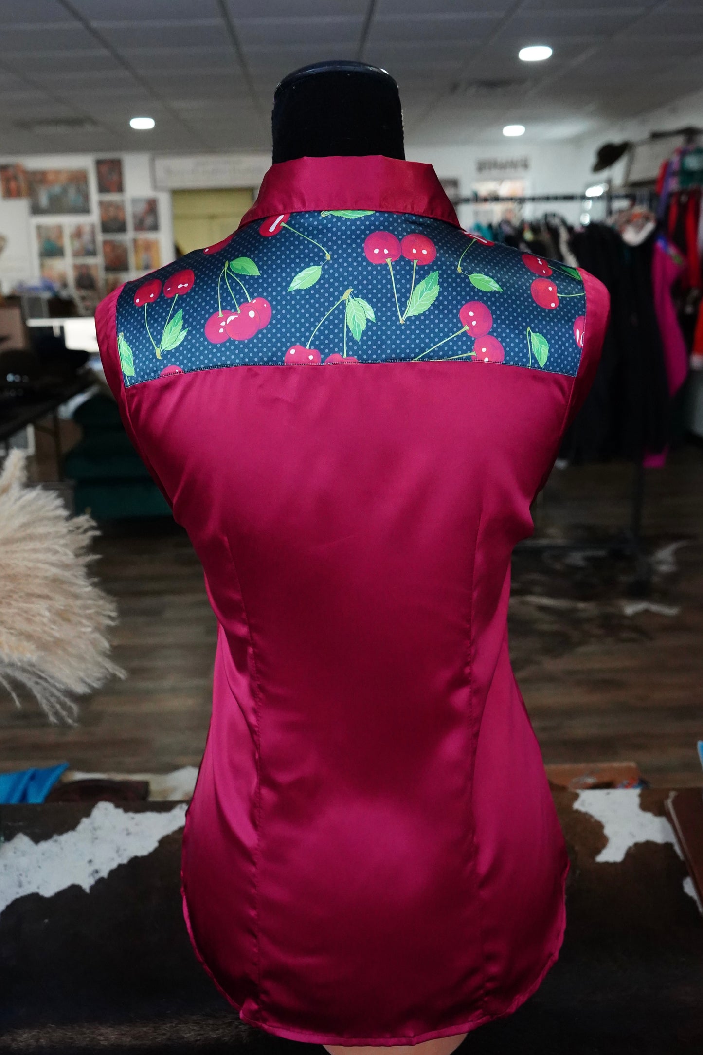 S - Polka Dot Cherry on Burgundy Satin Button Down