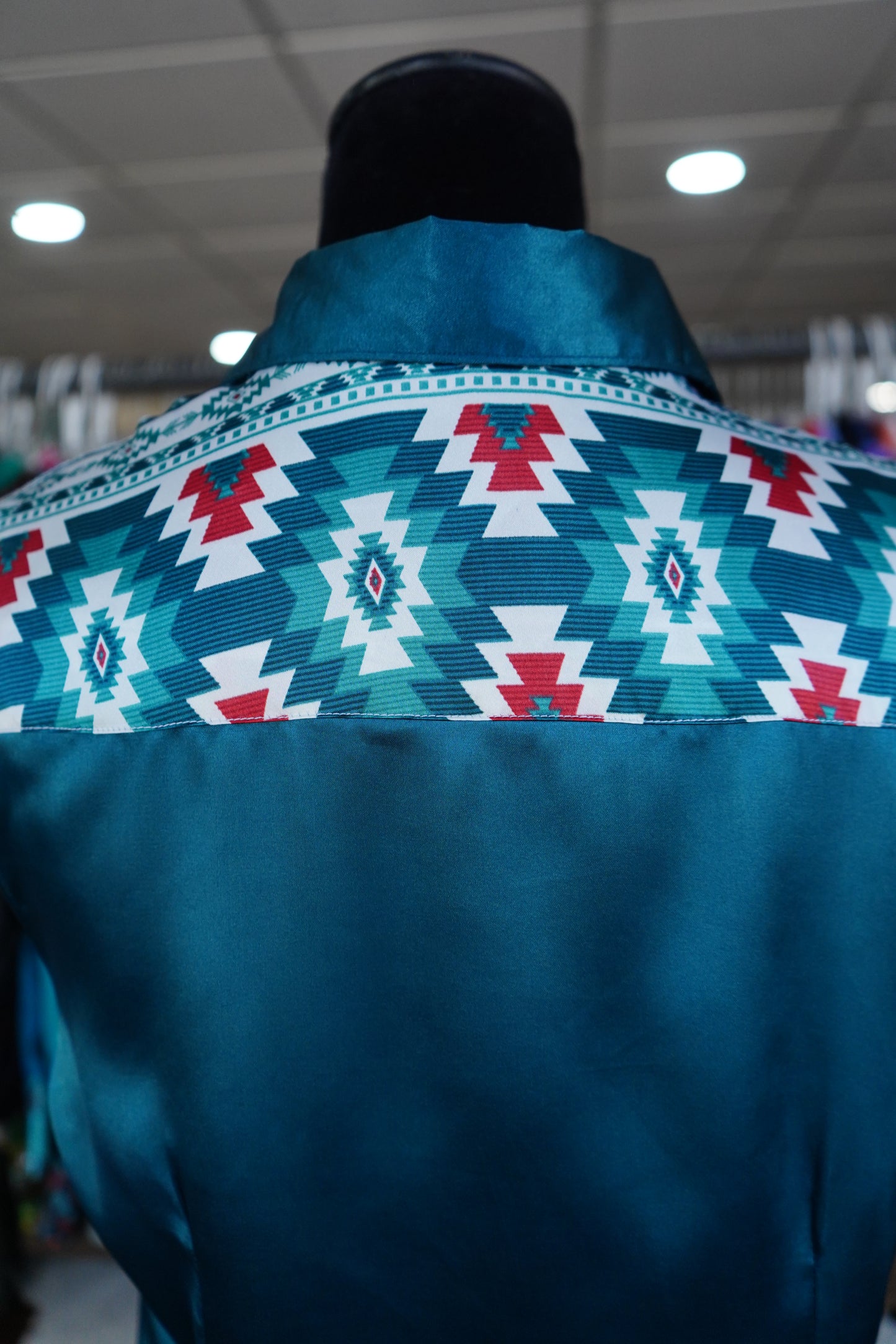 L - Teal Montana Aztec on Teal Satin Button Down