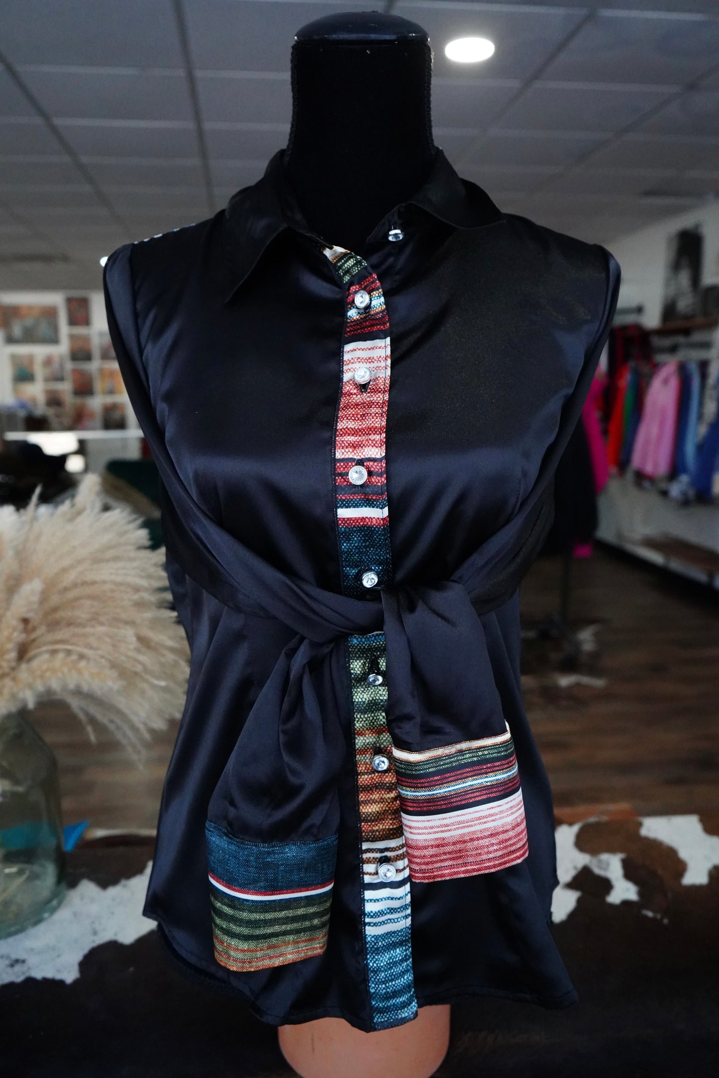 L - Serape on Black Satin Button Down