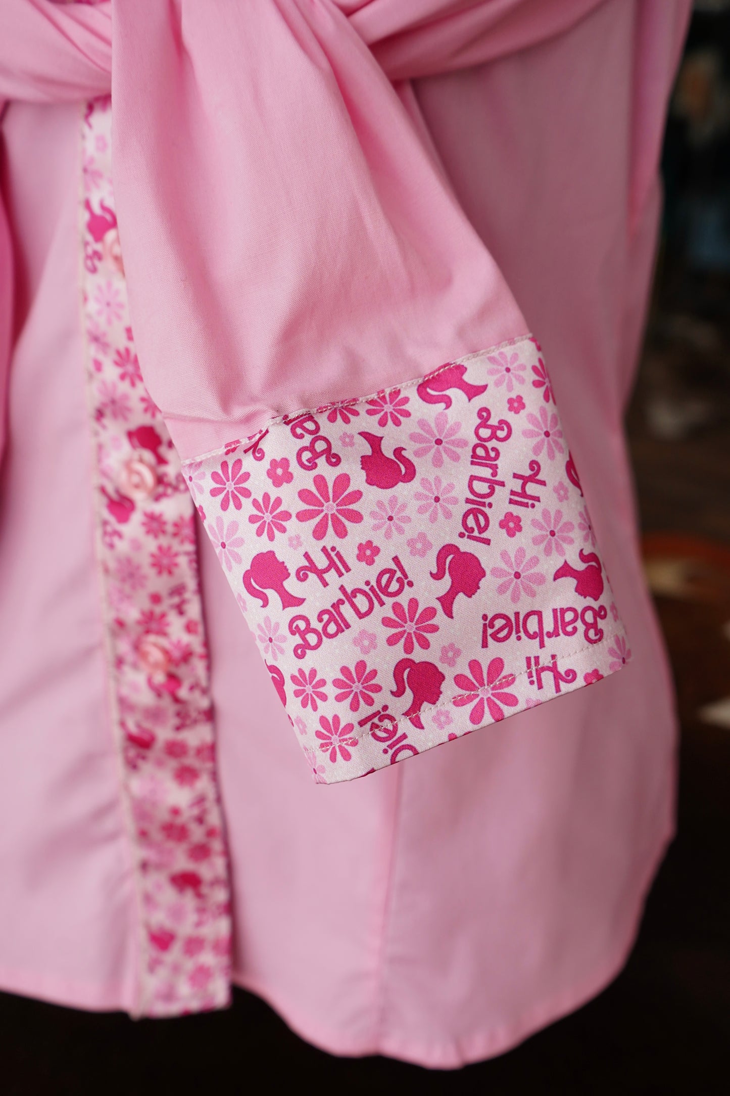 L - Barbie on Light Pink Cotton Button Down