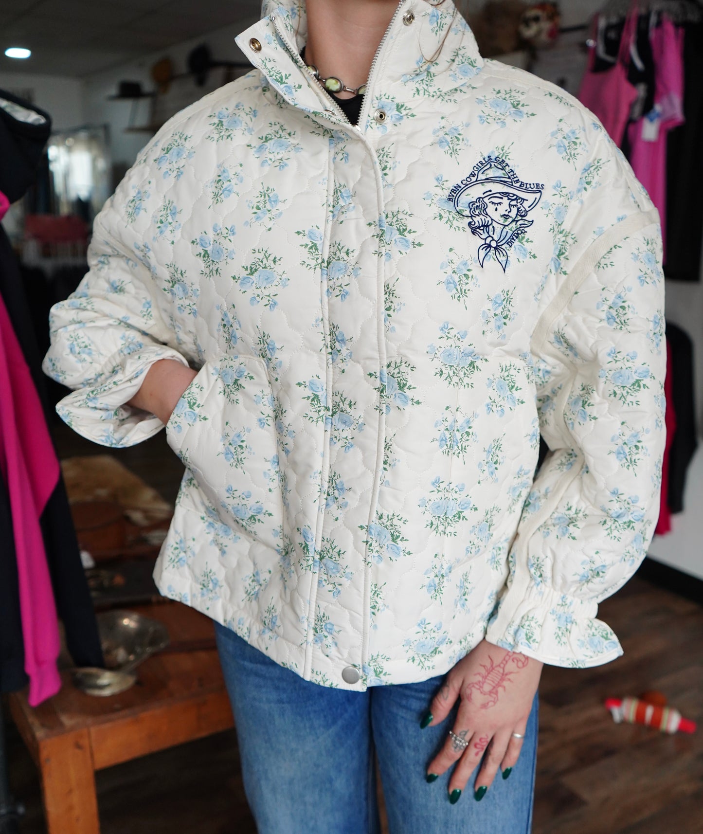 Cowgirls Cry - Embroidered Blue Floral Rose Zip Button Up Jacket