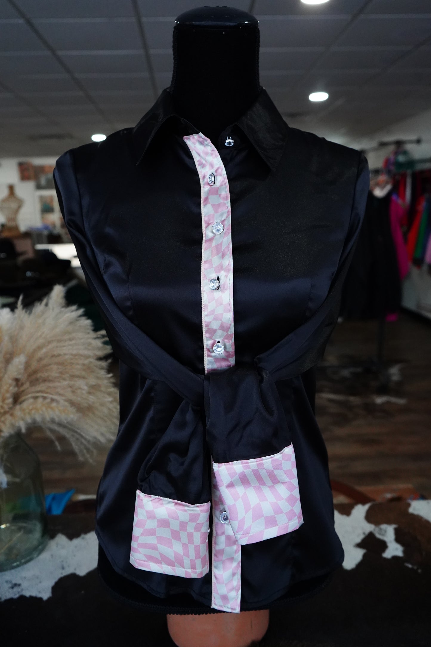 S - Pink Wavy Checkered on Black Satin Button Down