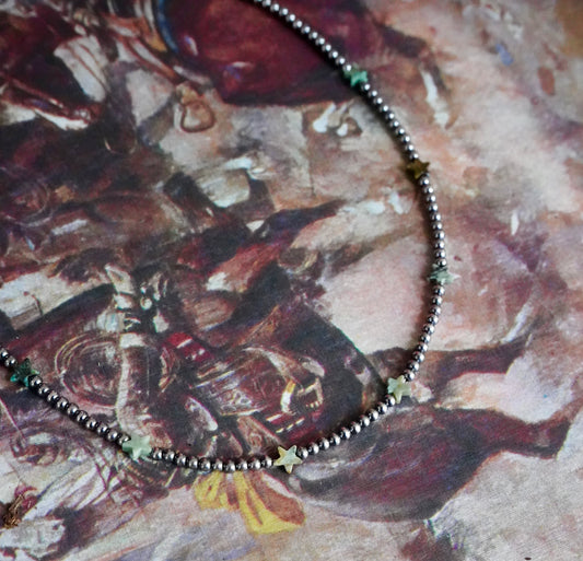 Sterling Silver Pearls w/ Turquoise Stars Necklace - 15”