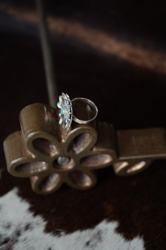 Turquoise & Opal Silver Flower Rings - Adj