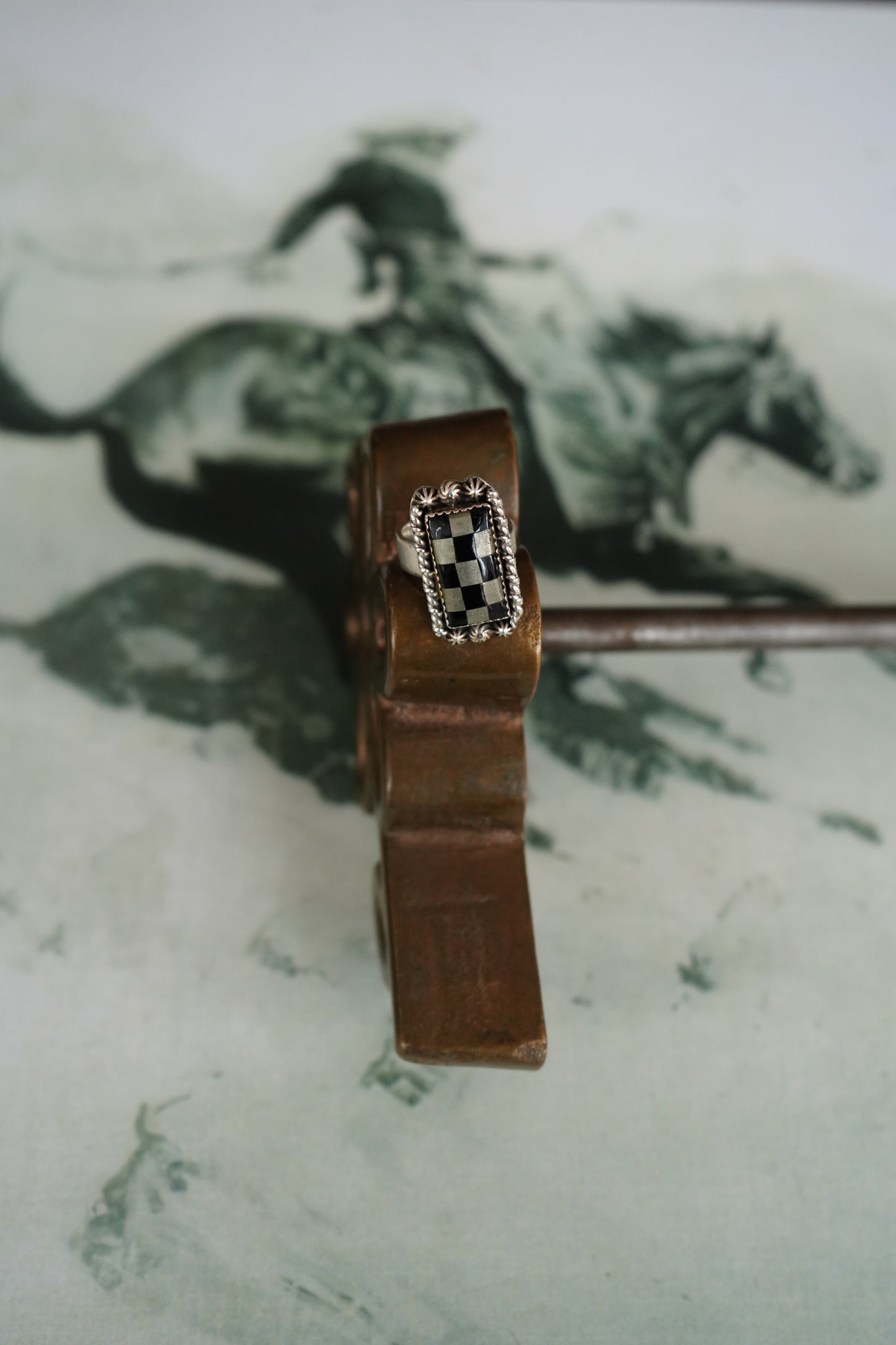 Checkered Bar w/ Conchos Ring - Adj