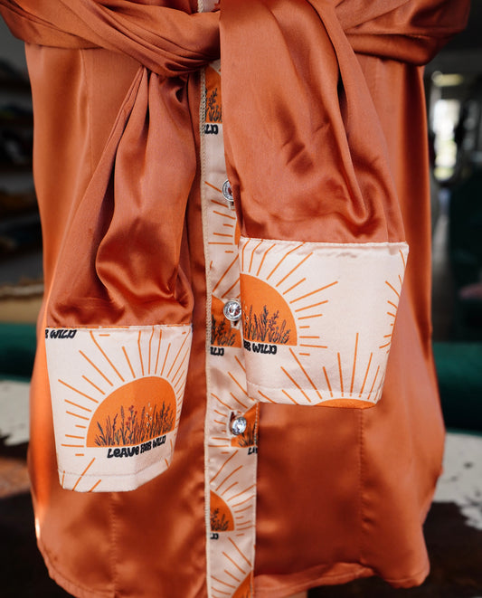 S - Leave Her Wild on Rust Satin Button Down