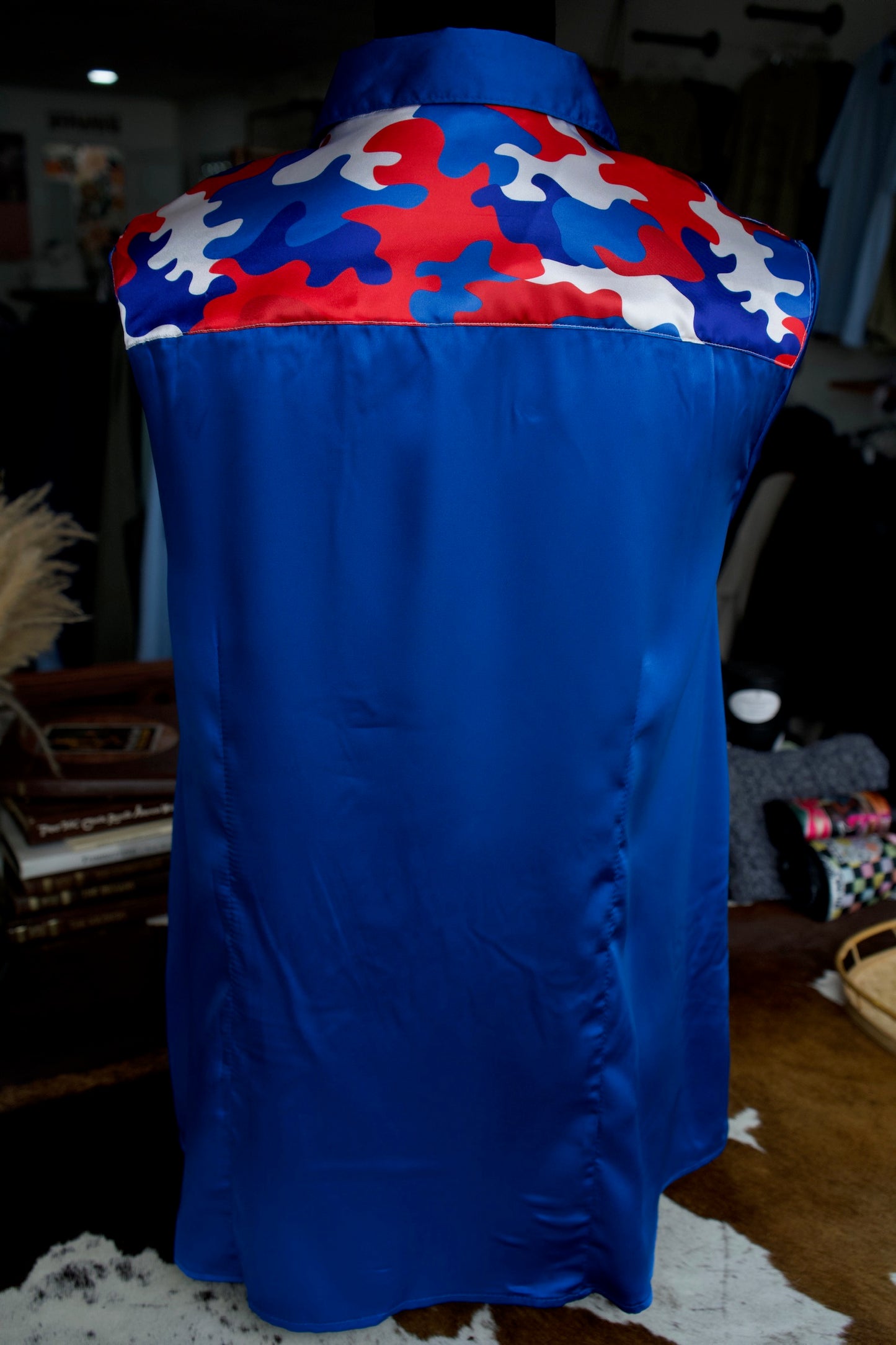 3XL - Patriotic Camo on Blue Satin Button Down