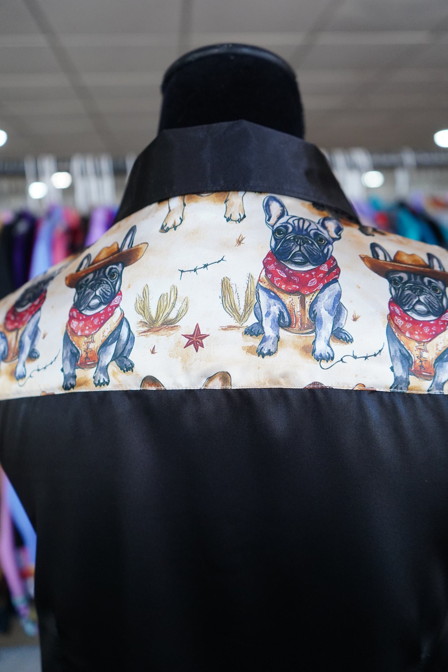 L - Cowboy Frenchies on Black Satin Button Down