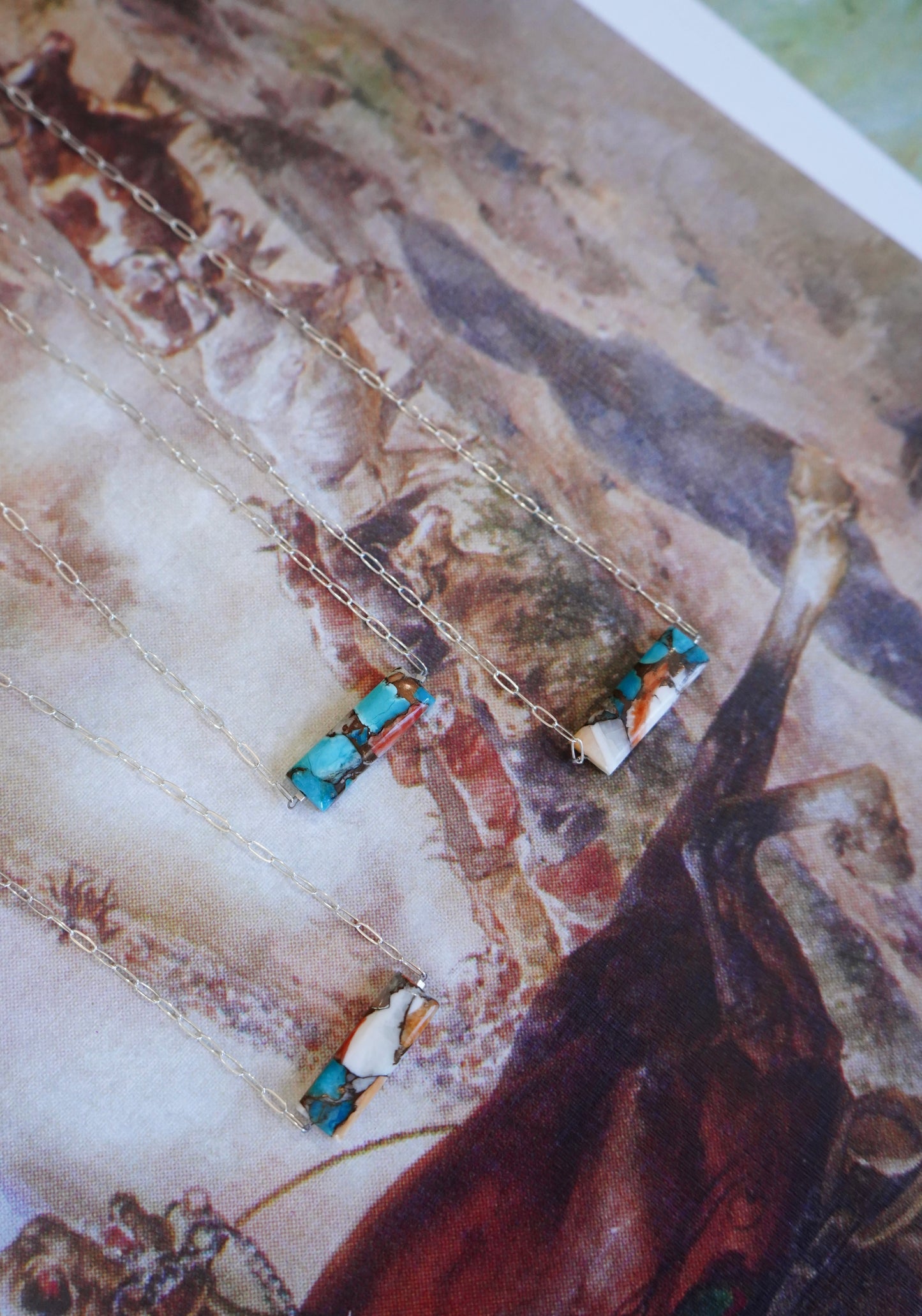 Dainty Turquoise & Orange Spiny Bars on Paperclip Chain Necklaces