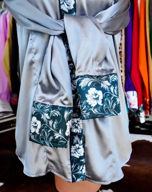 M - Black Floral Tooling on Silver Satin Button Down