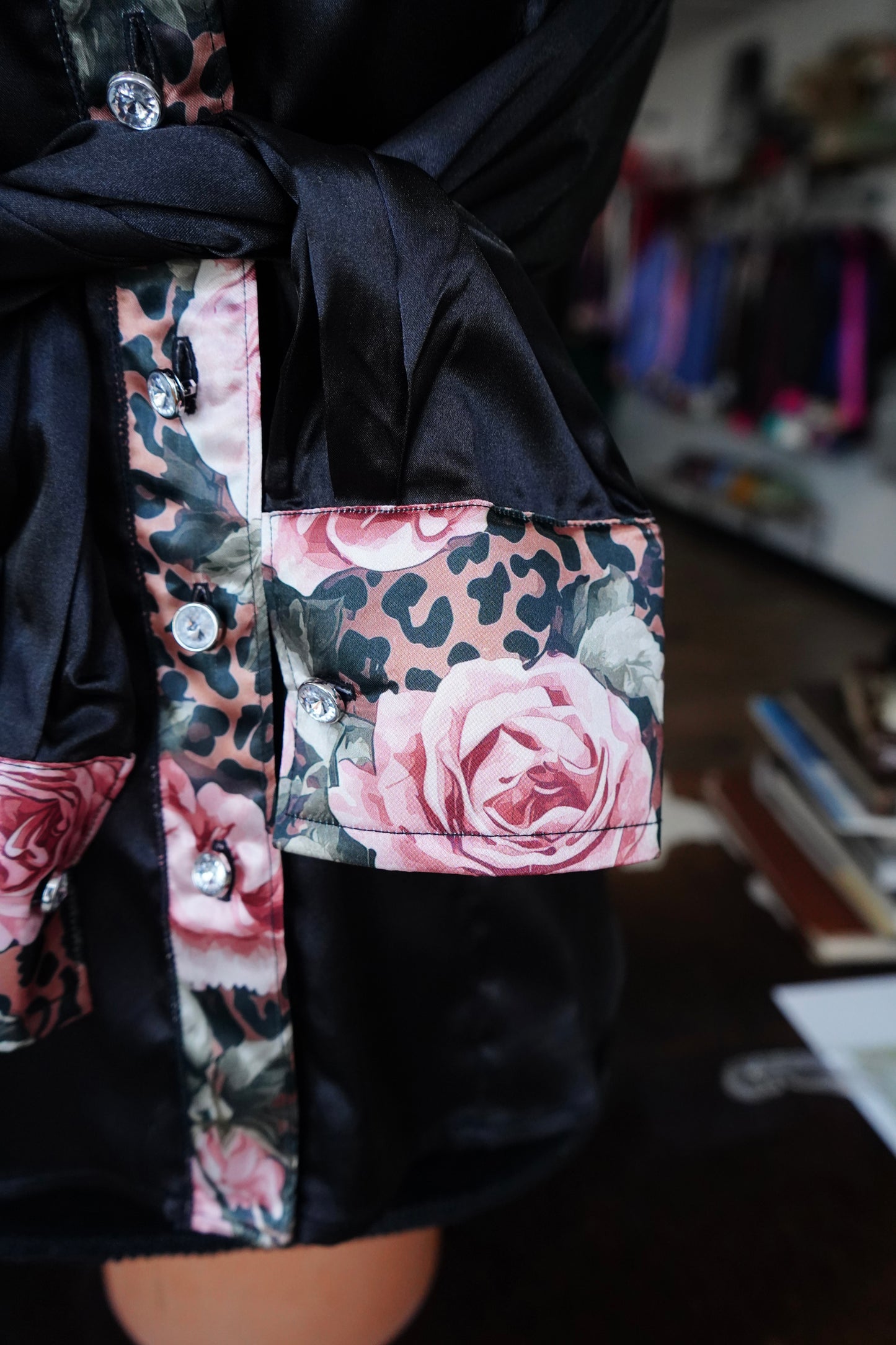 S - Pink Roses & Cheetah on Black Satin Button Down