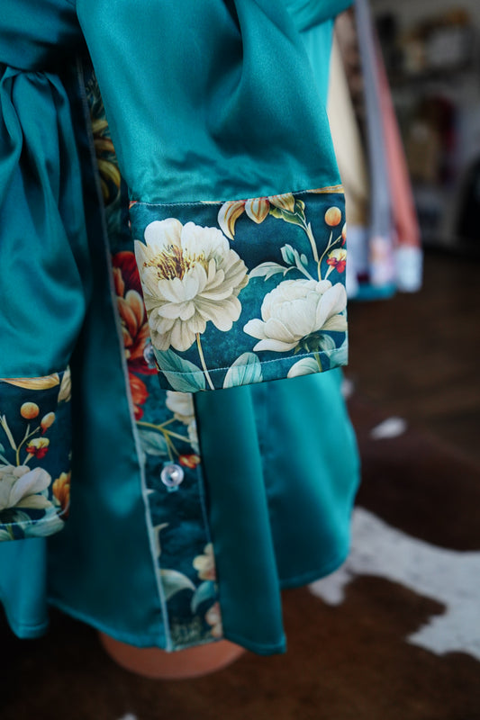 L - Emerald & Rust Floral on Emerald Satin Button Down
