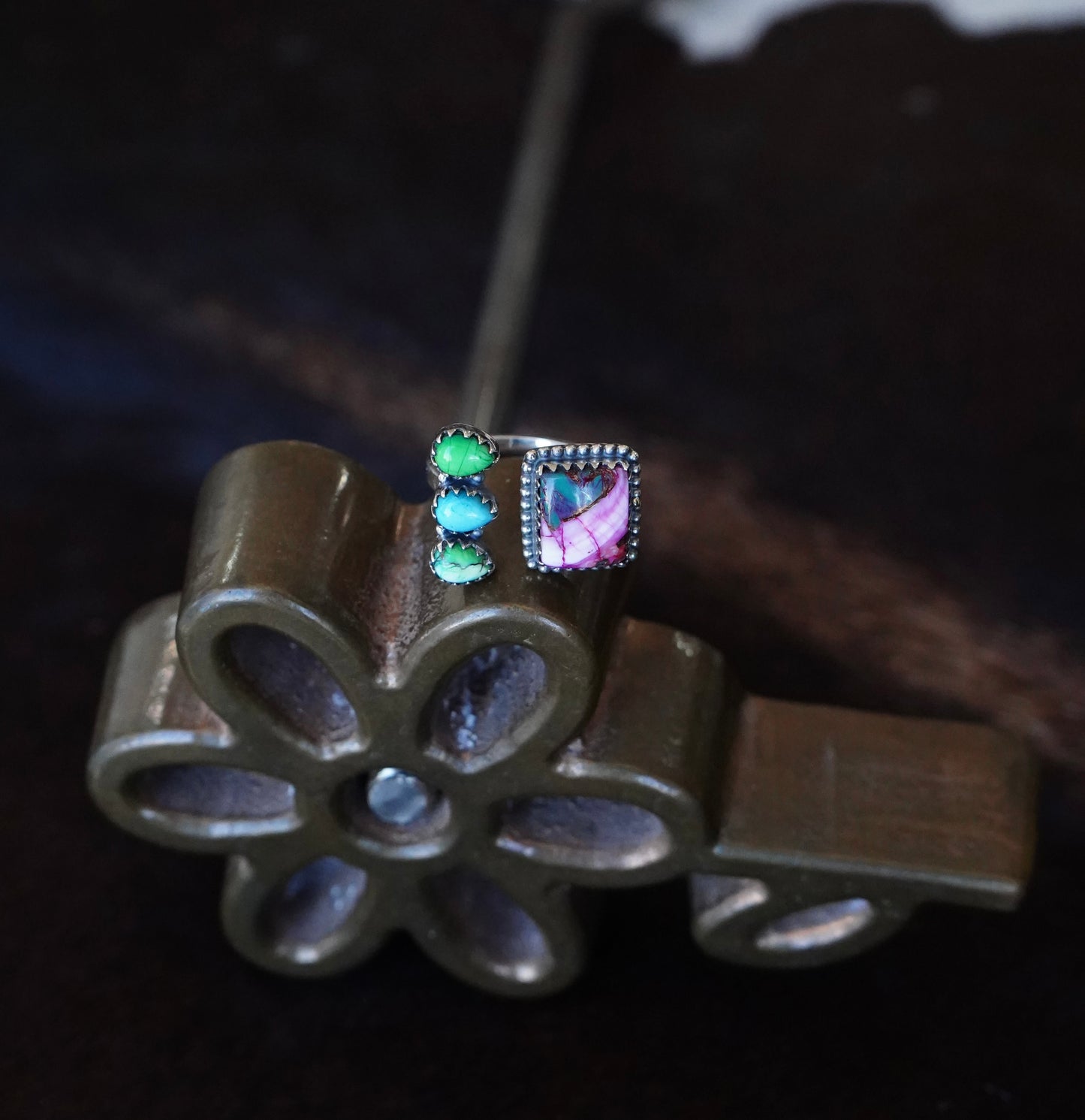 Pink & Peacock Dahlia Ring - Adj