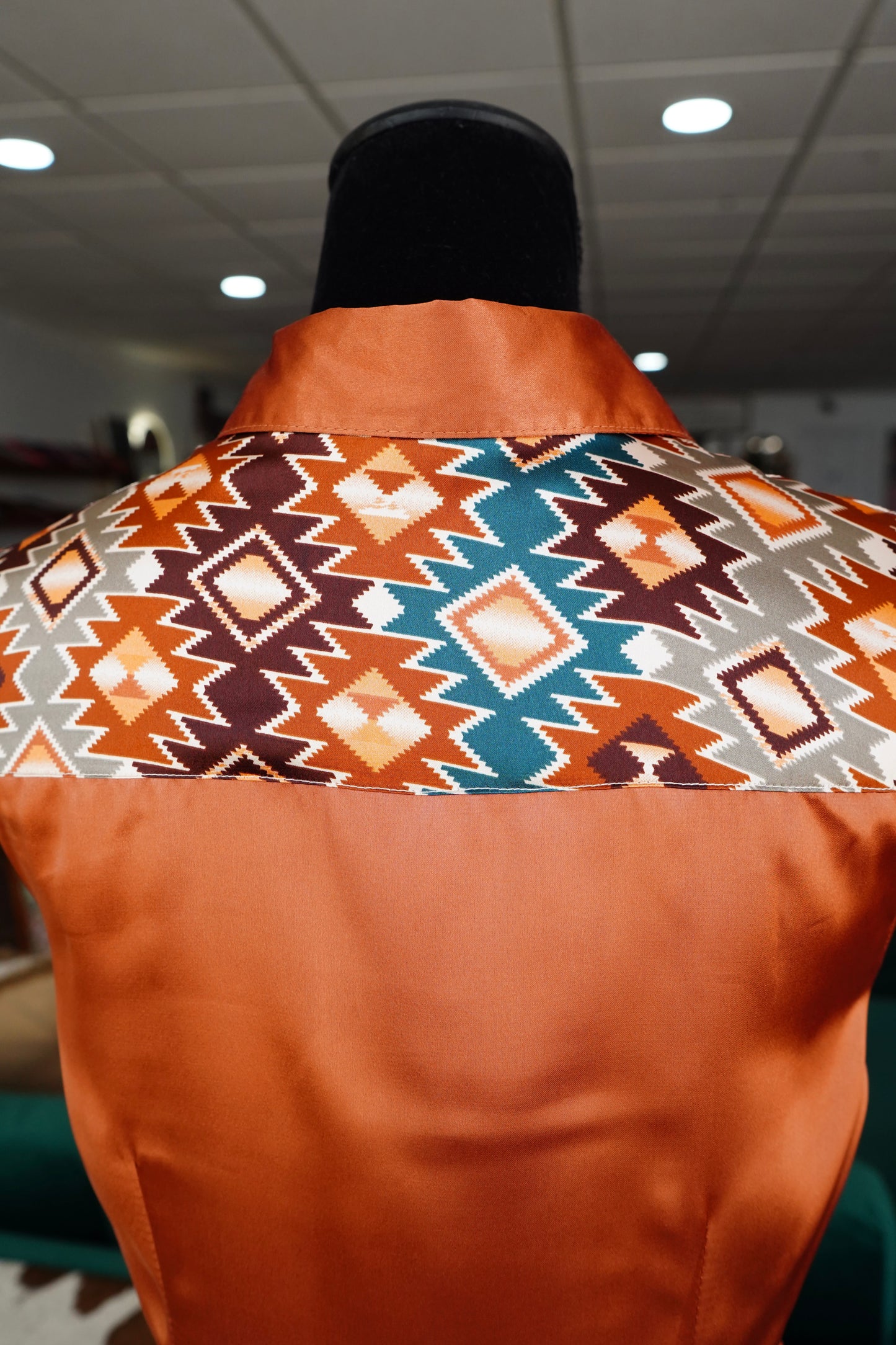 M - Rust Aztec on Rust Satin Button Down