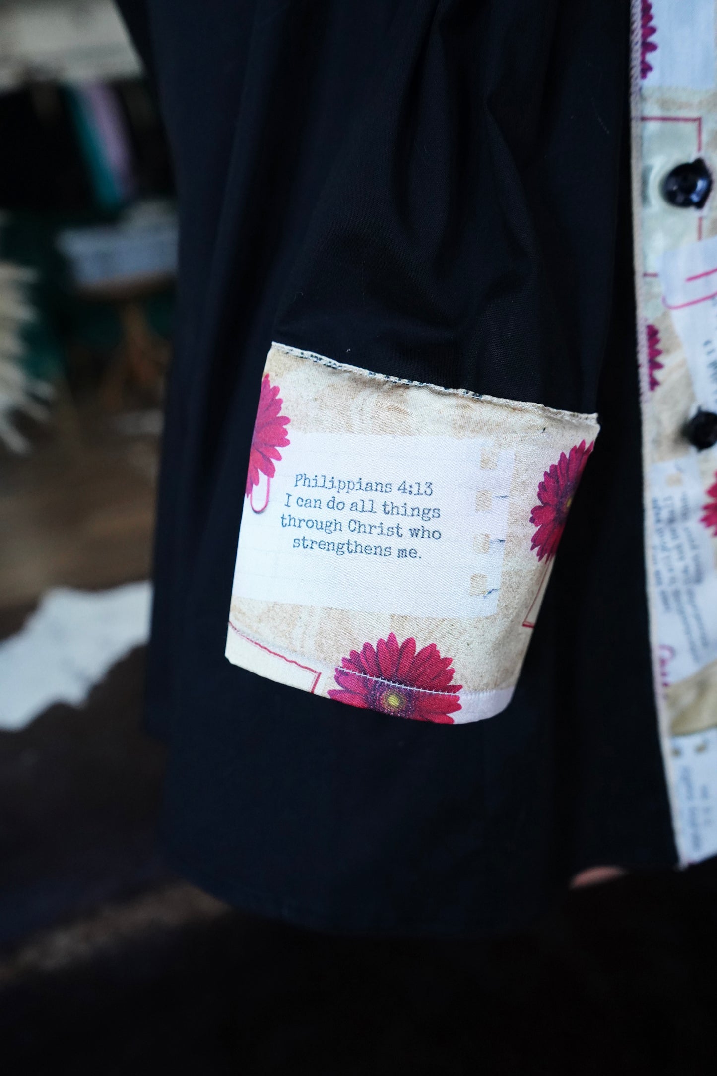 XL - Postcard Scripture on Black Cotton Button Down