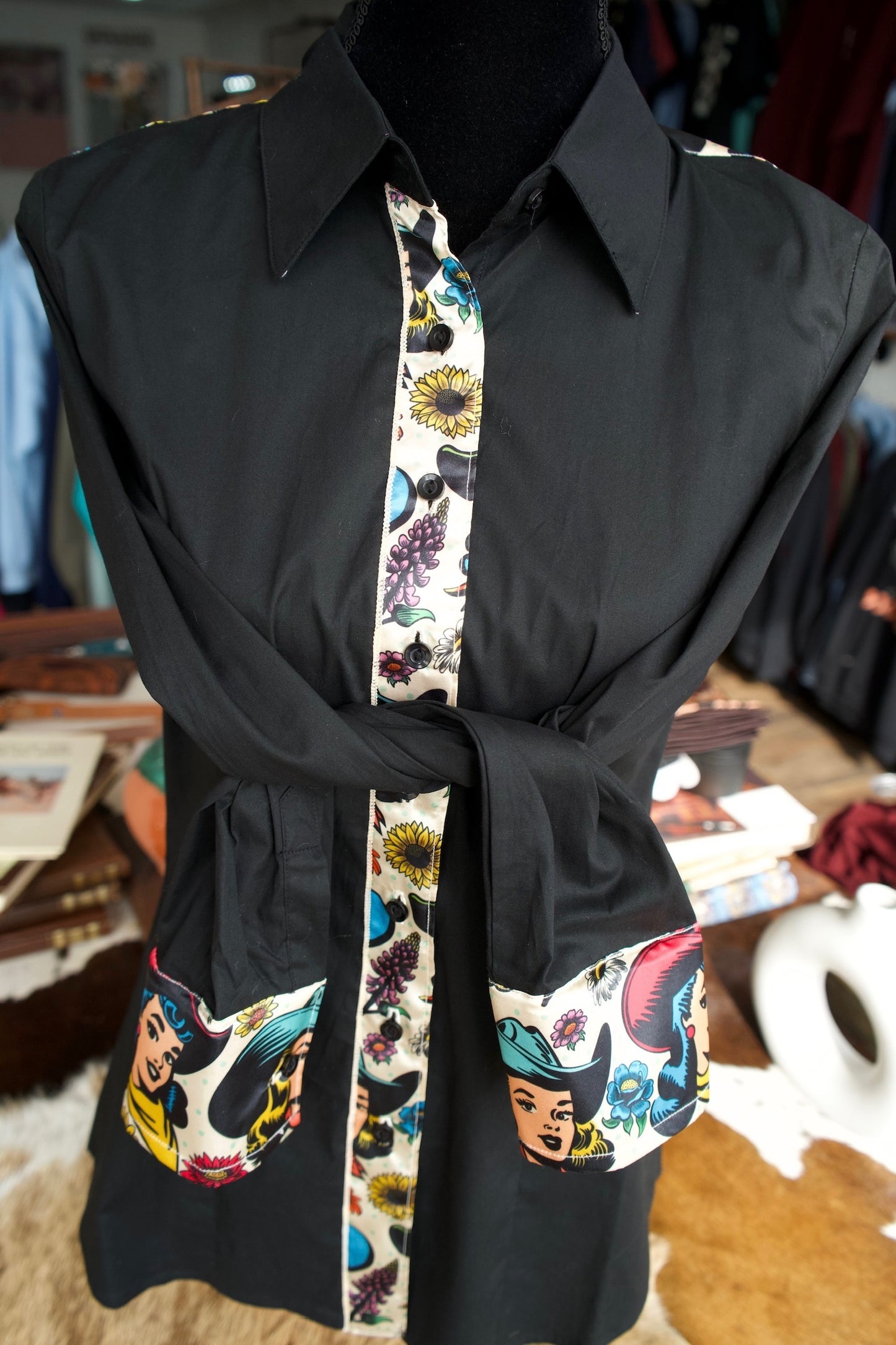 XL - Cowgirl Comics on Black Cotton Button Down