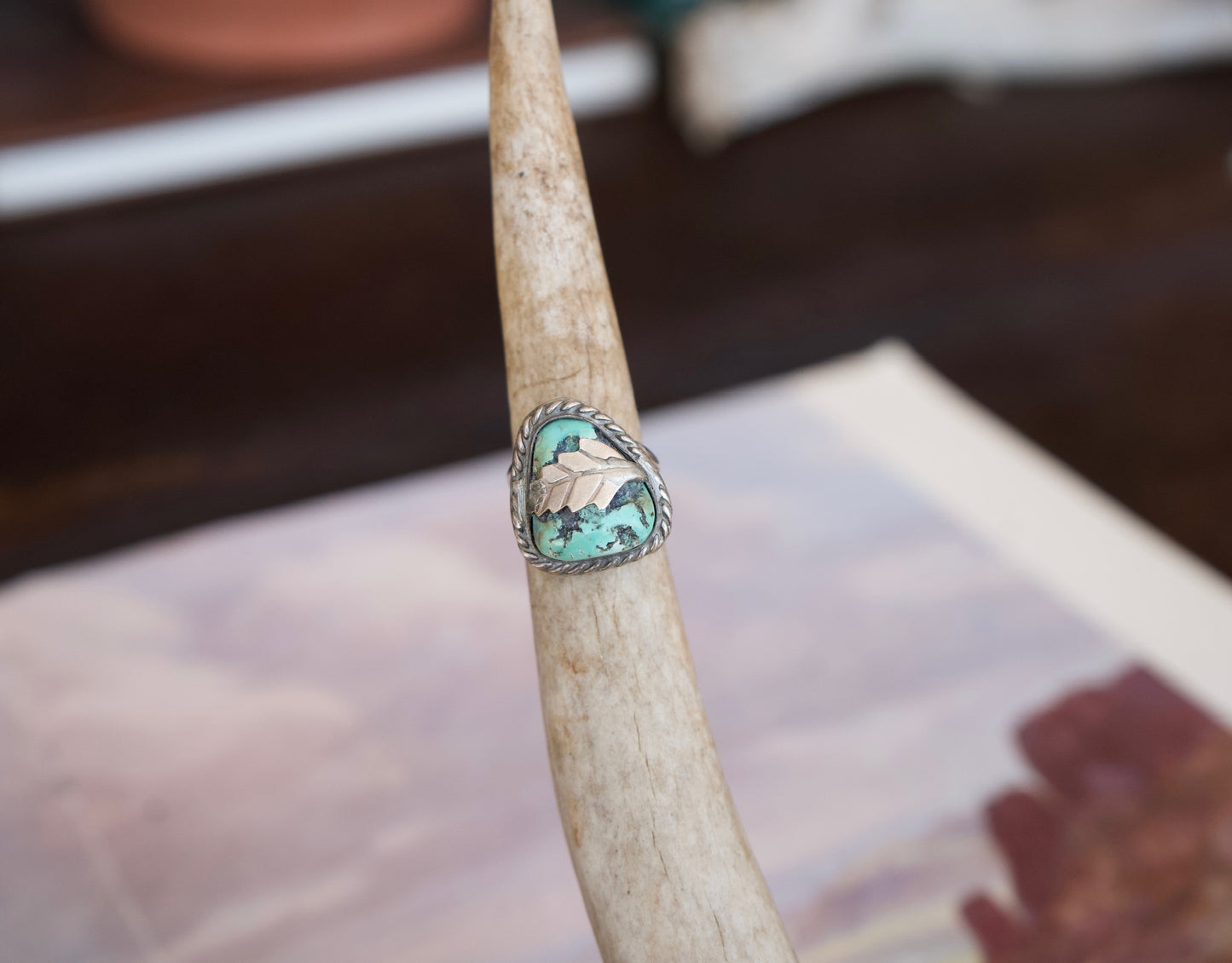 Vintage Silver Leaf Turquoise Ring Sz. 6