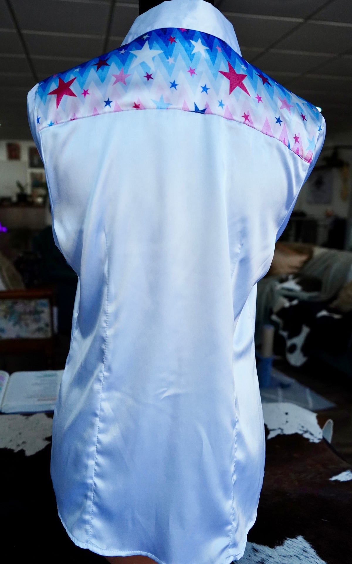 L - Patriotic Stars on White Satin Button Down