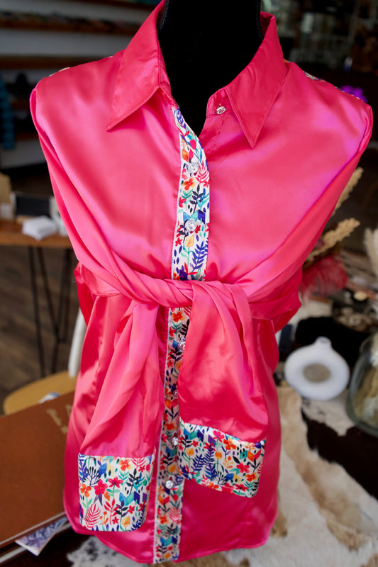 2XL - Paintbrush Floral on Hot Pink Satin Button Down