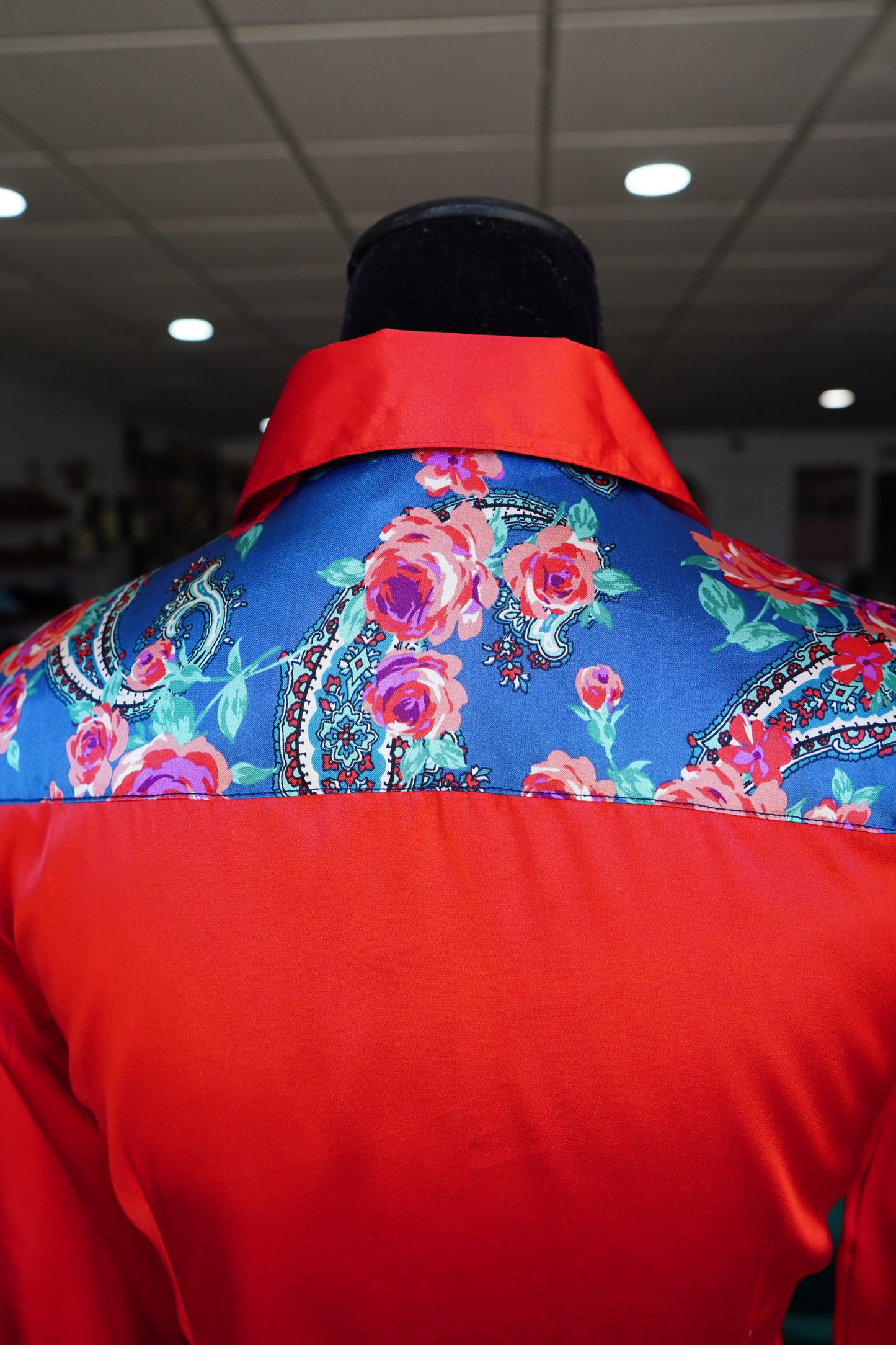 S - Blue Paisley w/ Pink Roses on Red Satin Button Down