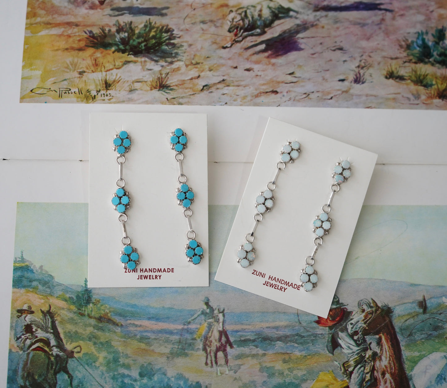 Swain Charley Zuni Inlay Dangly Cluster Stud Earrings
