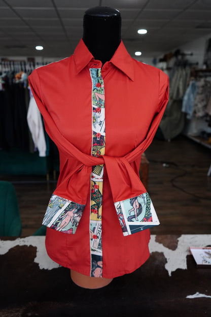 S - Tarot Cards on Rust Red Cotton Button Down