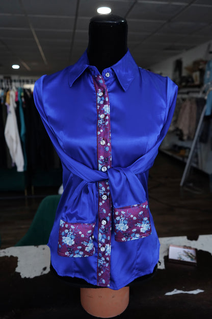 S - Burgundy & Blue Floral on Royal Blue Satin Button Down