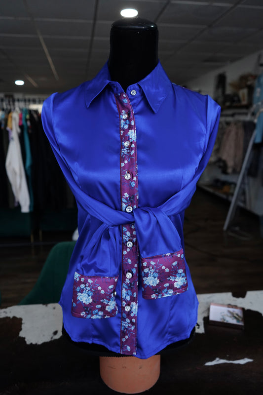 S - Burgundy & Blue Floral on Royal Blue Satin Button Down